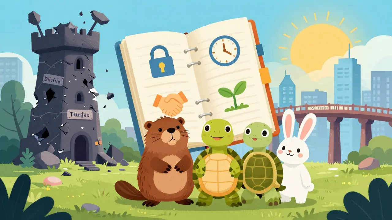 A team of animal friends stand beside a glowing ledger showing security, automation, and growth, as a dilution tower crumbles behind them.