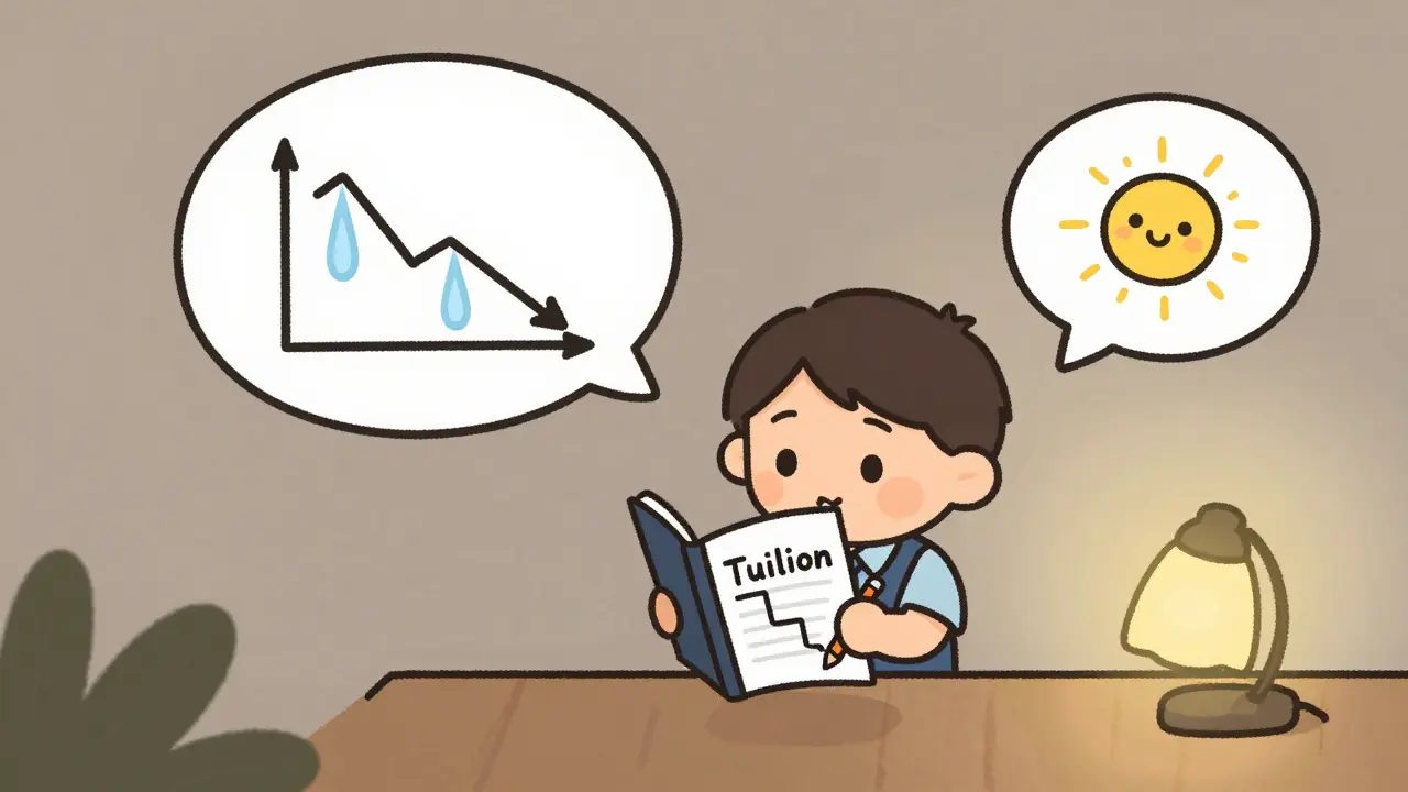 A trader in a cozy room, surrounded by thought bubbles of loss and gain, holding a journal labeled 'Tuition' with a pencil drawing a path of learning.