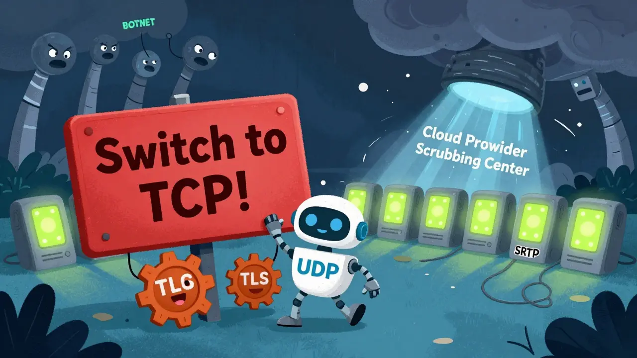 A UDP robot learning to switch to TCP with help from TLS and SRTP gears, while a botnet storm is absorbed by a cloud scrubber.
