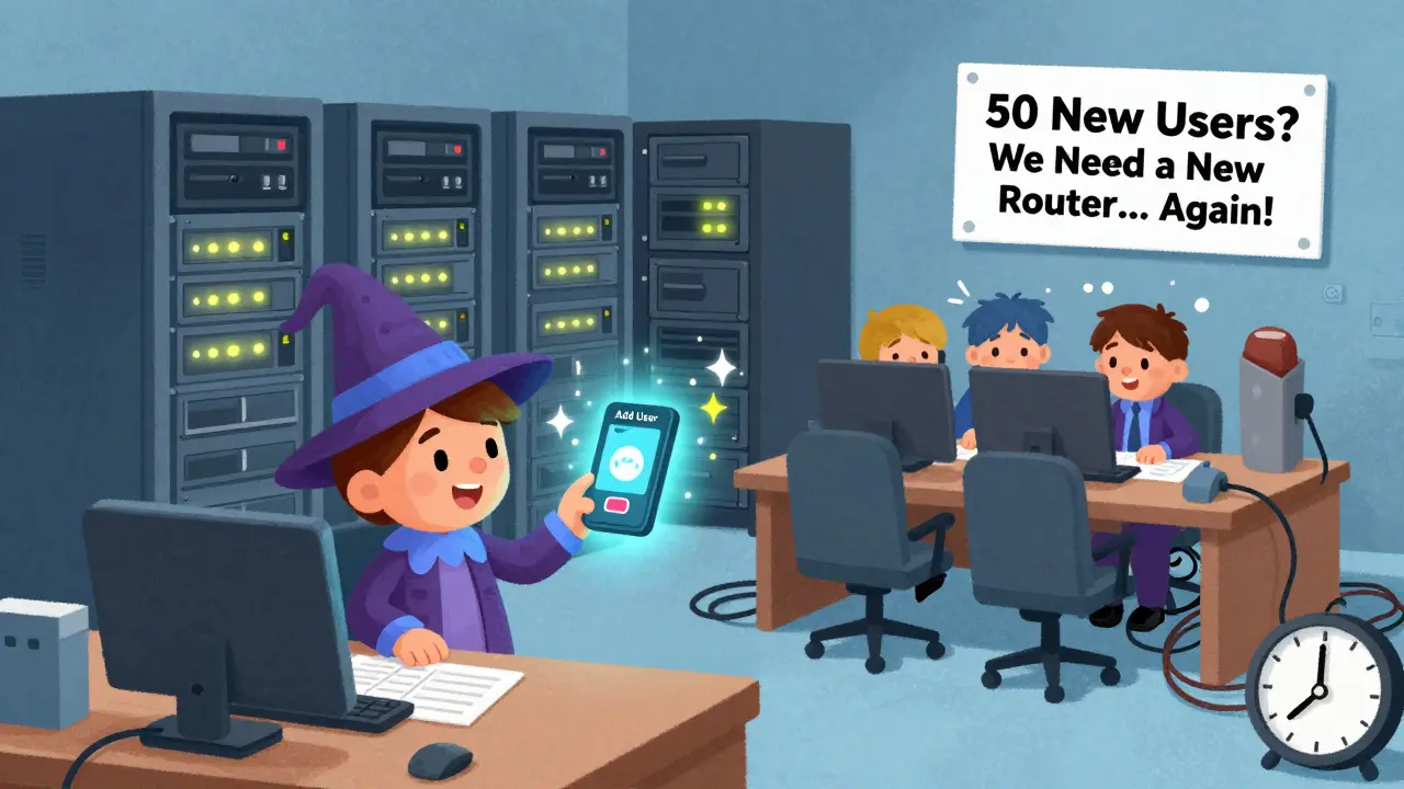 An office where a wizard adds a phone with a click, while engineers struggle with a crowded server room.