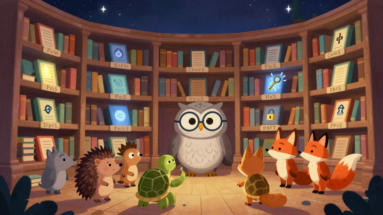 An owl explaining blockchain consensus types to animal characters in a magical library of glowing ledger books.
