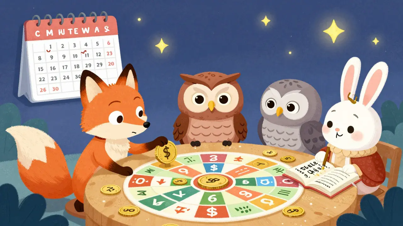 Animal traders hesitating over a coin flip, an owl pointing to a rulebook as a calendar flips from daily panic to weekly calm under a starry sky.