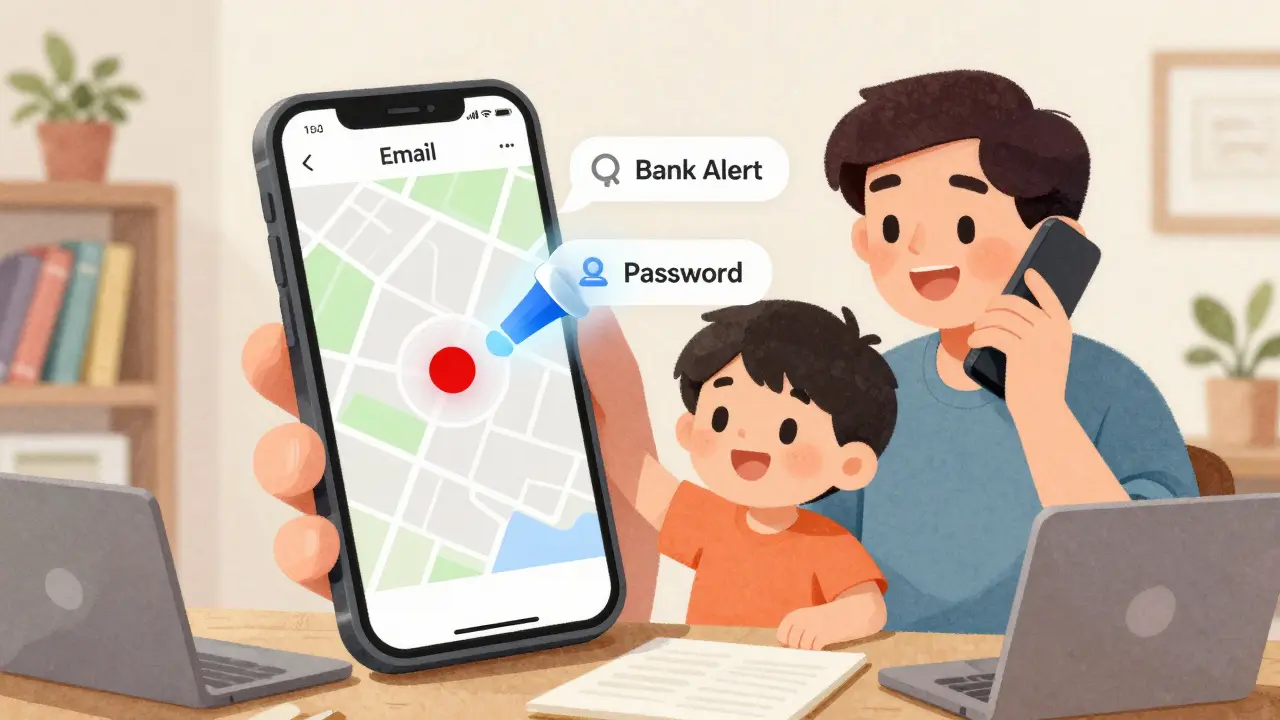 Child sharing phone screen during a call, with private notifications being erased by a magic eraser.