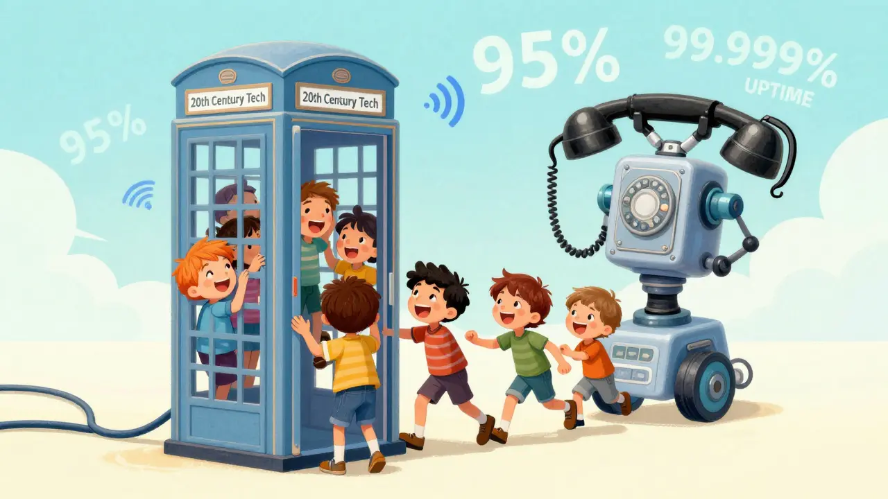 Children from around the world talking through a Wi-Fi phone booth, while an old landline is carried away by a robot.