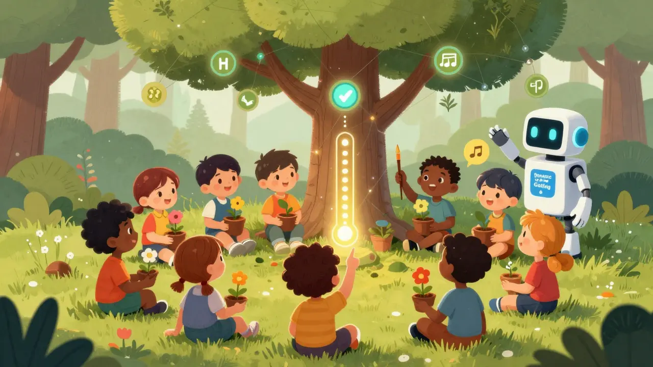 Children sit under a blockchain tree, each NFT sprouting flowers that represent their contributions.
