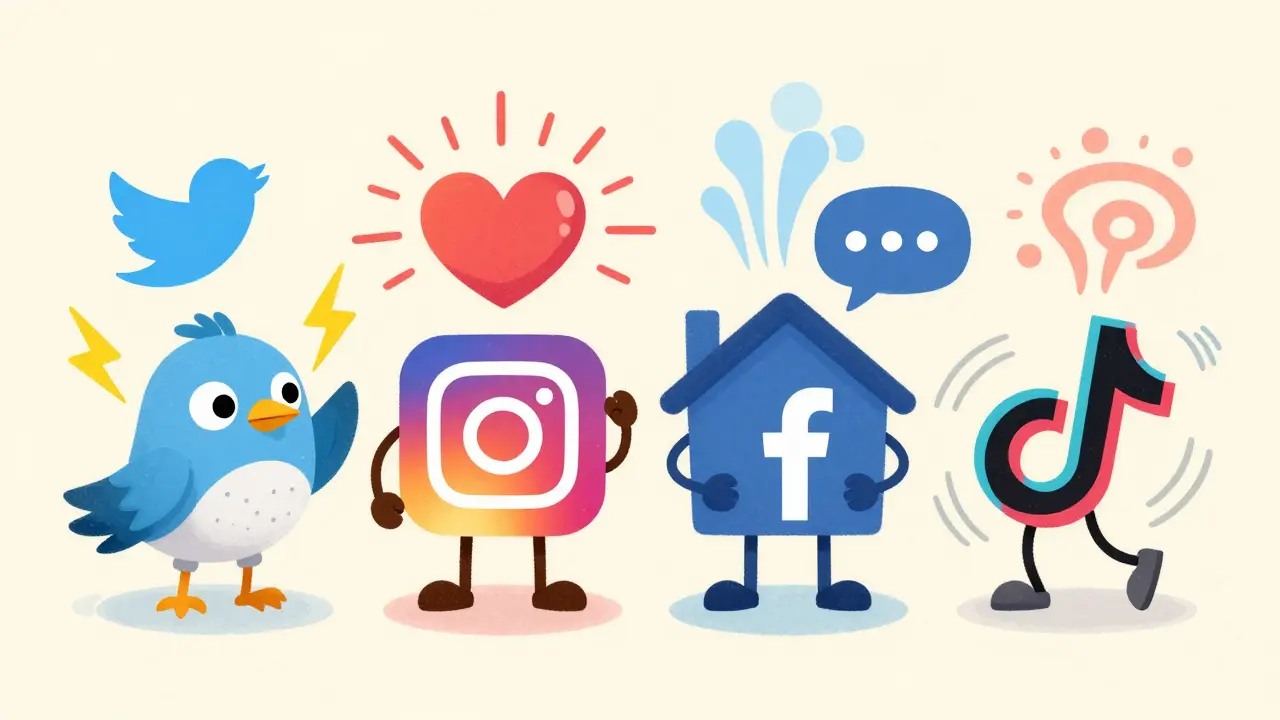 Four cartoon social media characters emitting emotional waves