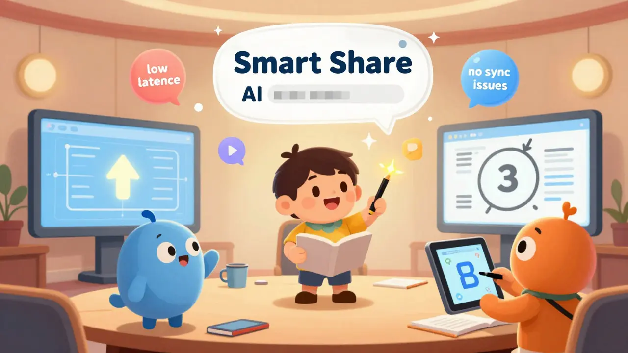 Multiple people taking turns sharing screens with glowing annotations and auto-blurred data.