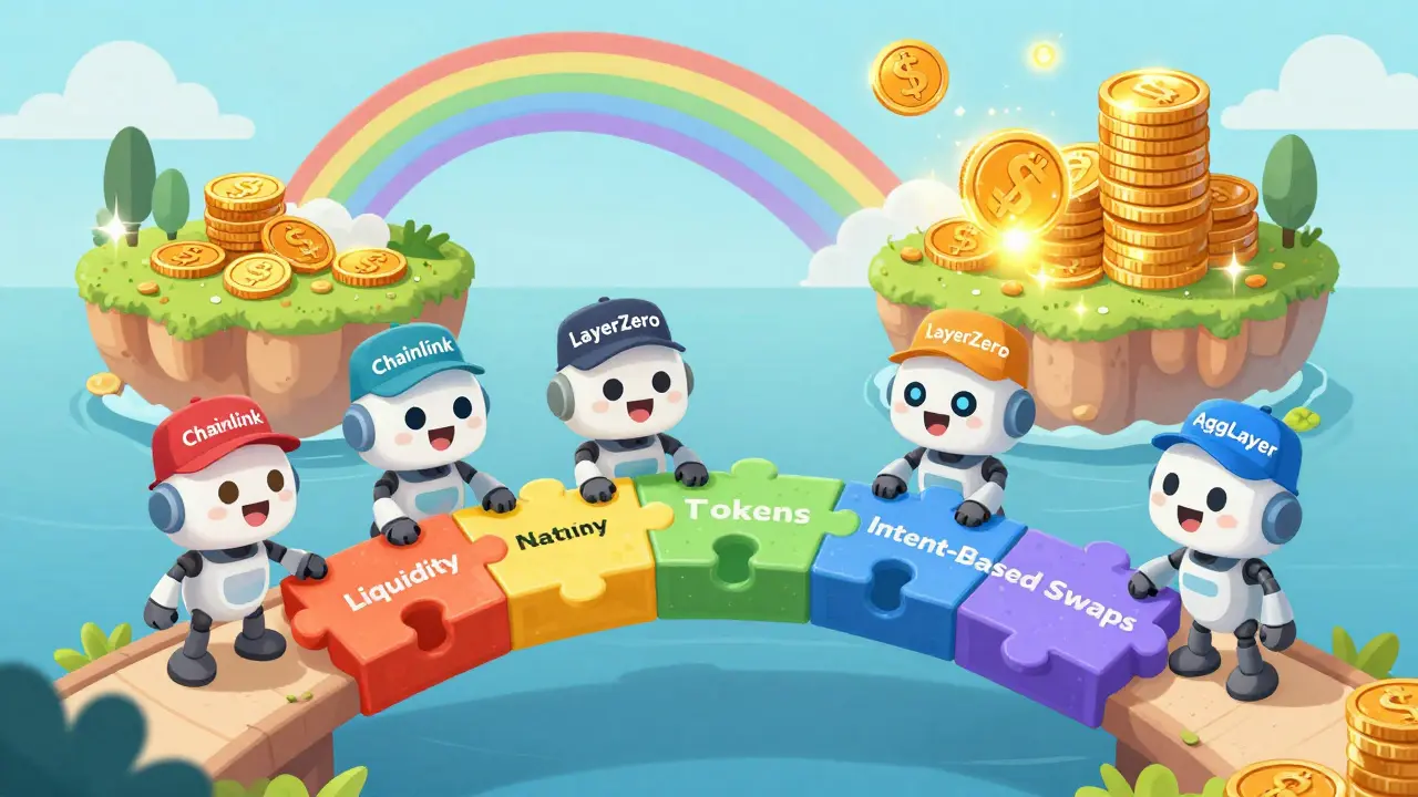 Quirky robots build a bridge of puzzle pieces to connect blockchain liquidity islands with magic sparkles.