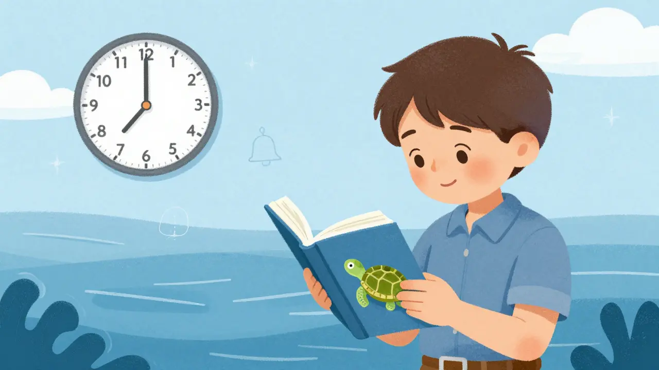 Trader reading calm news book with turtle and timer