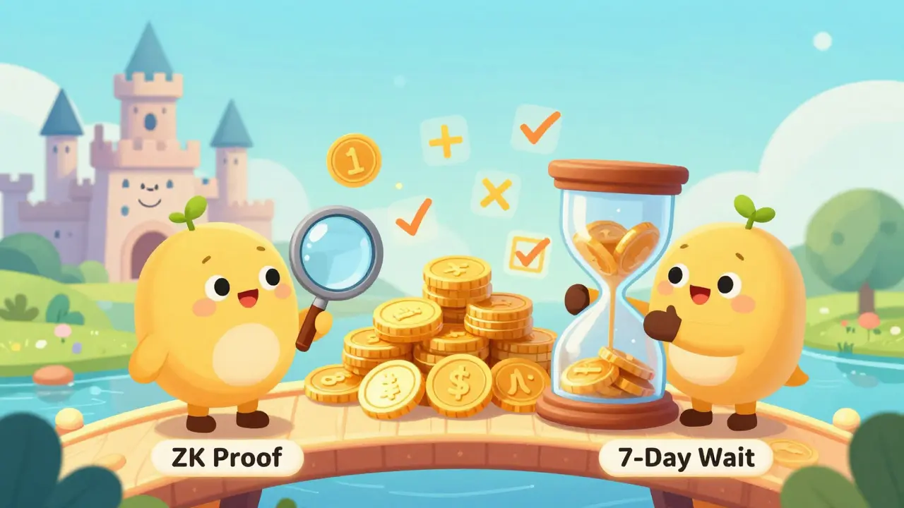 Two characters compare proof methods with math symbols and an hourglass beside a glowing bridge.