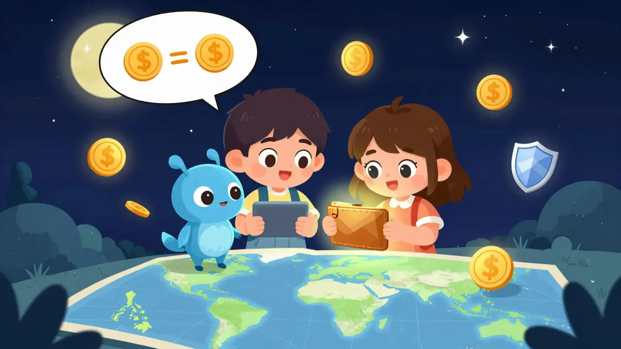 Two kids sharing game earnings from a borrowed creature, under a starry sky with a glowing world map beneath them.