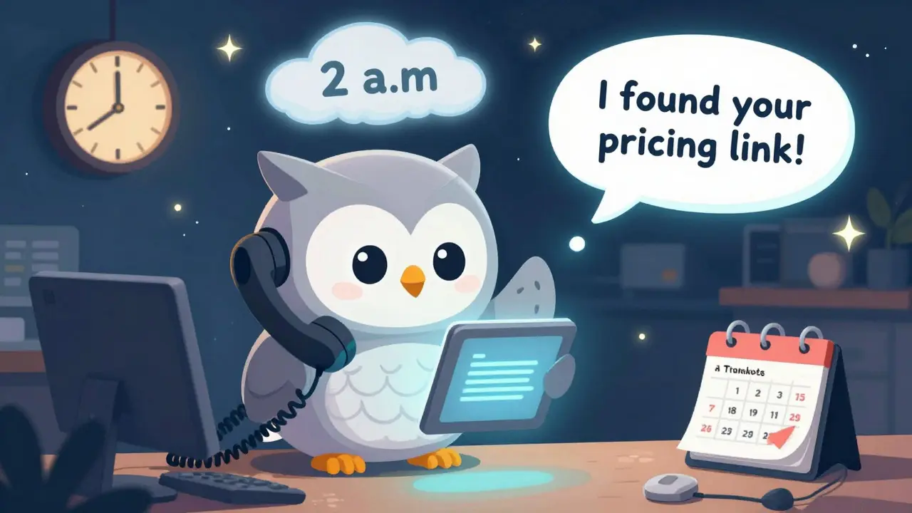 A cheerful robot owl AI assistant answers a caller's question at night, sending a pricing link with glowing text.