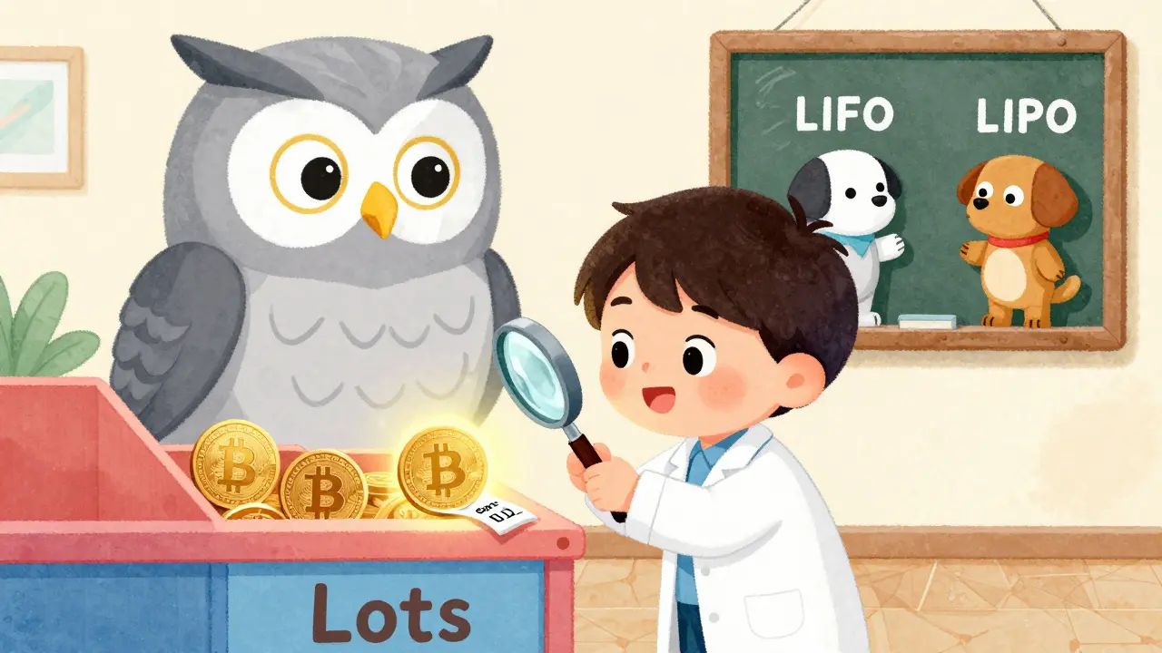 A child in a lab coat picks a specific Bitcoin from a labeled shelf using a magnifying glass, with an IRS owl watching.