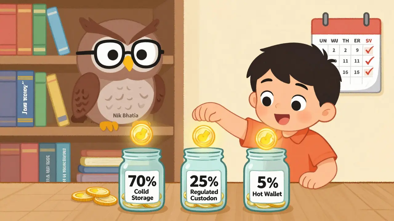 A child sorts crypto coins into three labeled jars, watched by a wise owl surrounded by finance books.