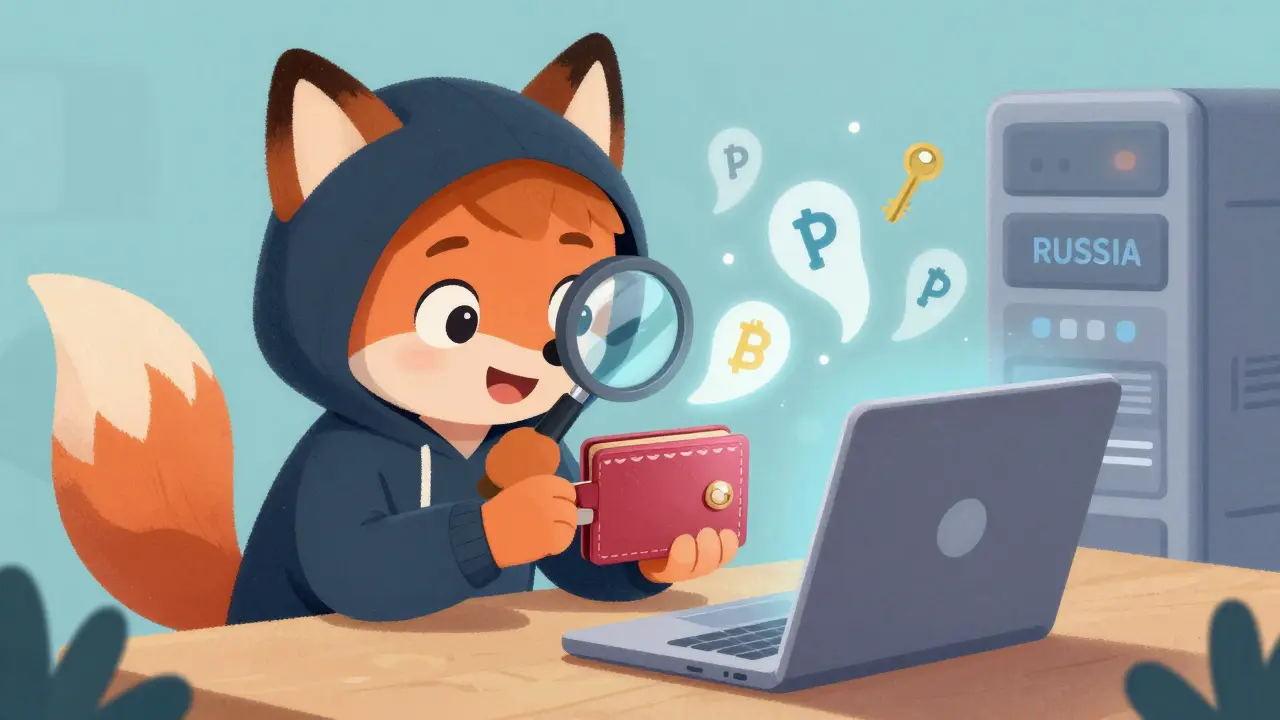 A child uses a crypto wallet as a sneaky fox spies on hidden malware drifting to a server.