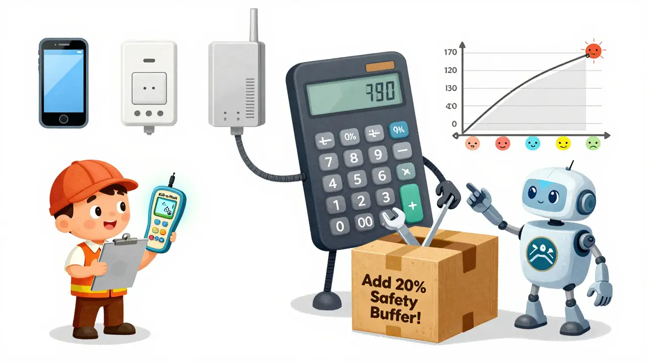 A childlike scene showing a worker measuring devices with a watt meter while a calculator adds safety buffer to a UPS box.