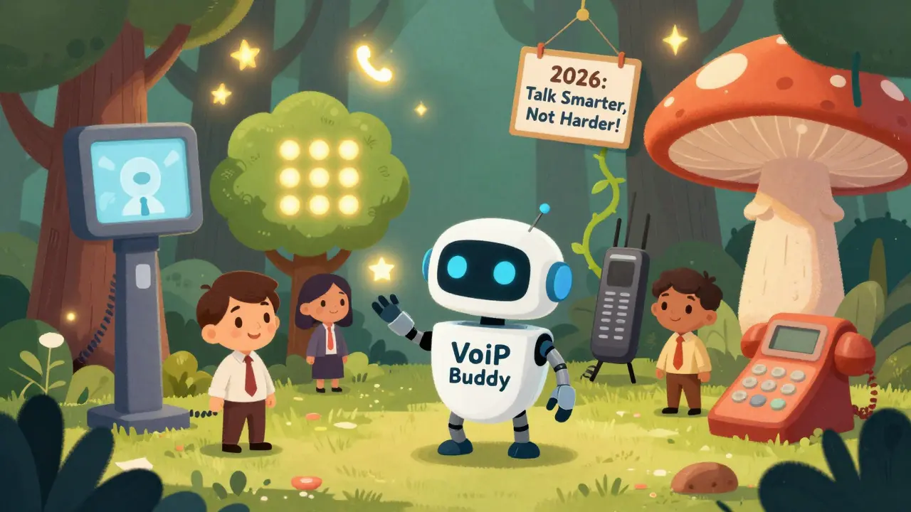 A friendly robot guides employees through a magical forest of phone-shaped trees, representing different VoIP phone types in a whimsical 2026 workplace.