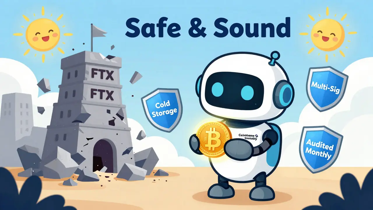 A friendly robot with safety badges holds a Bitcoin coin, while a collapsed FTX tower crumbles behind it under a sunny sky.