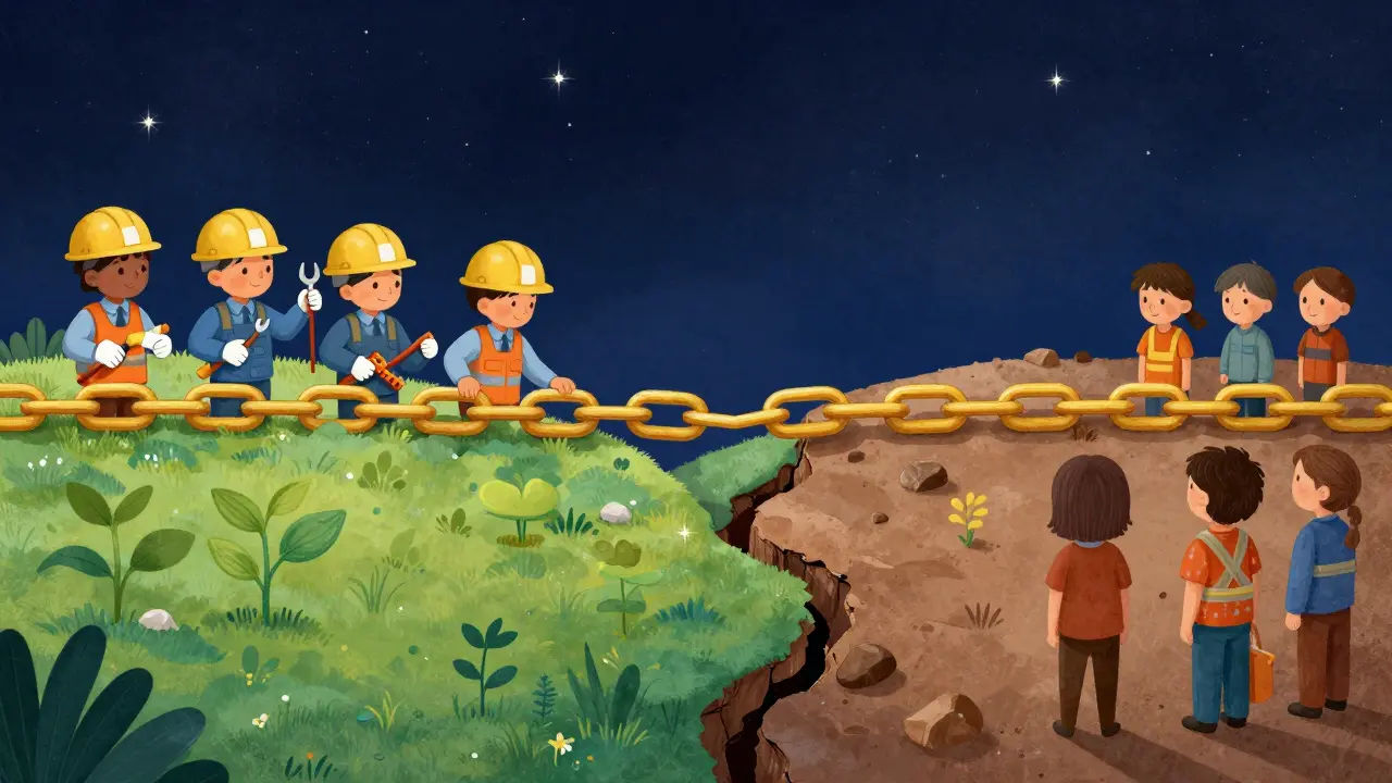 A golden blockchain chain splitting into two separate paths under a starry sky.