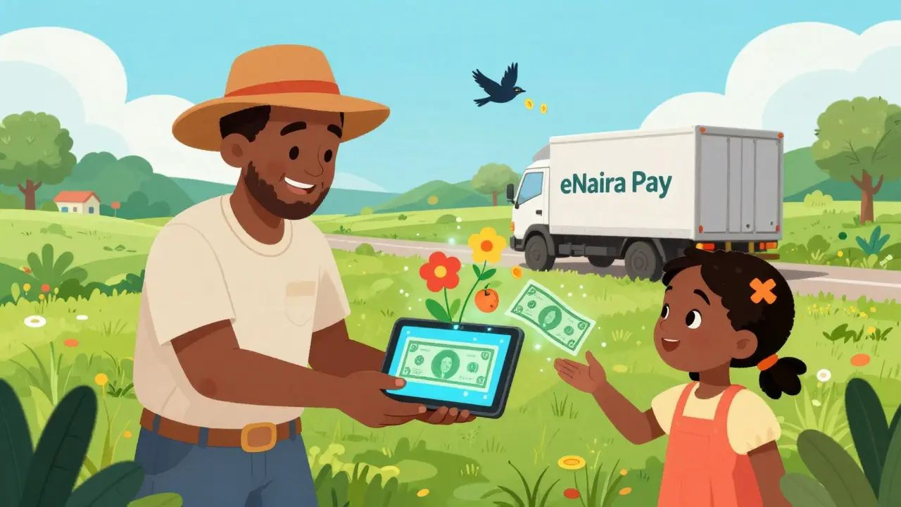 A Jamaican farmer gives a digital tablet to a girl, turning money into flowers and fruit under a bright sky.