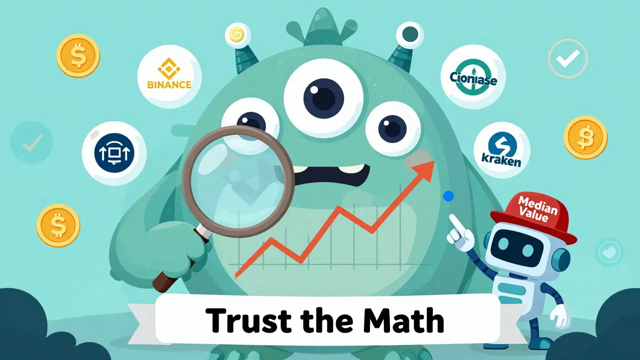 A kind oracle monster with many eyes checks crypto prices, guided by a robot pointing to the median value.