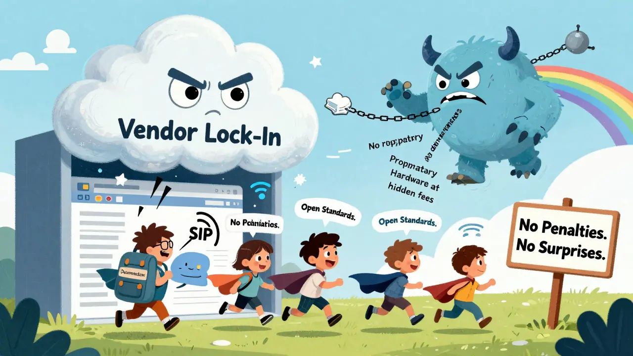 A law firm escaping a vendor lock-in monster through a portal of open standards.