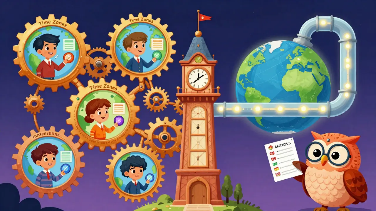 A magical clock tower connects time zones as candidates book interviews, with an owl handing out scheduling links.