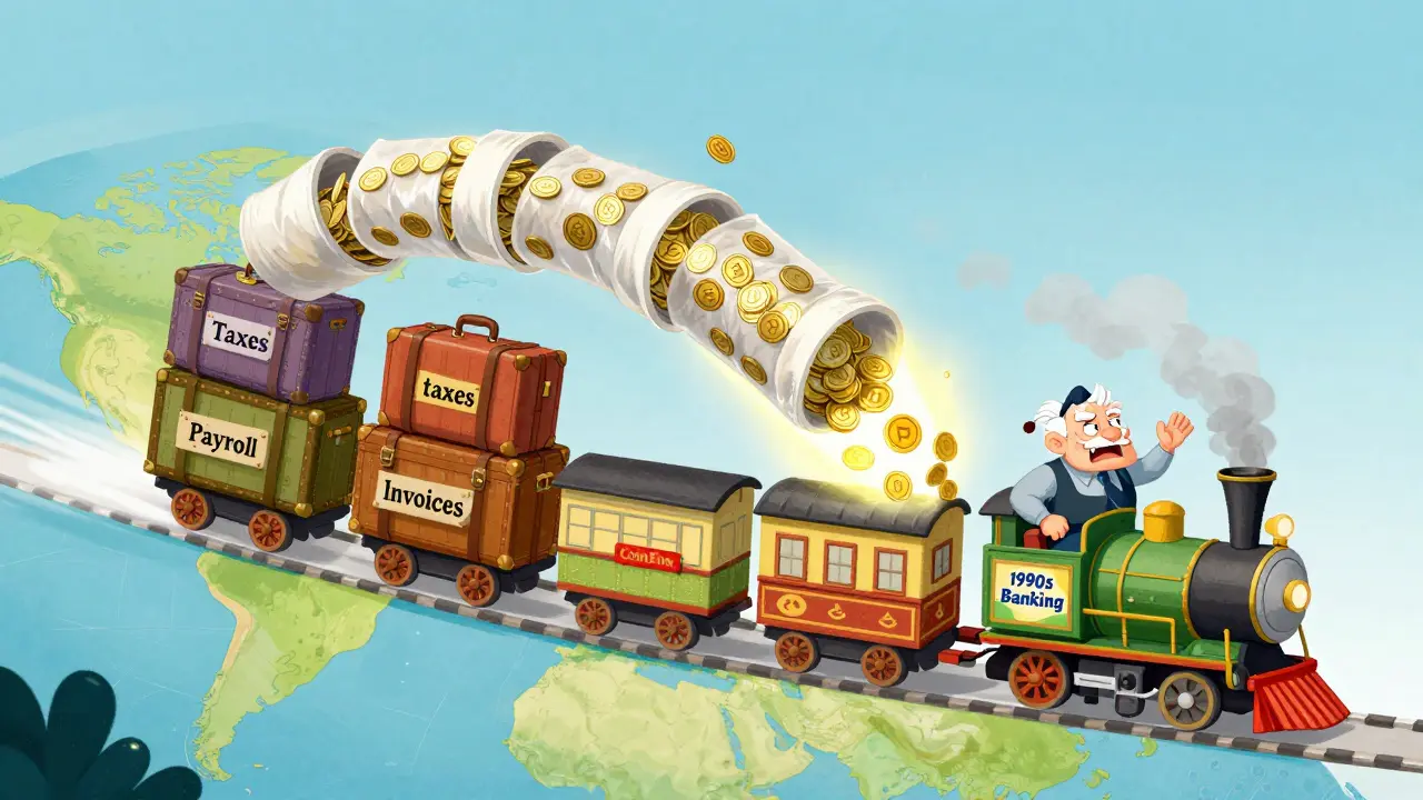 A magical train called CoinFlow transports payments across continents using rollup tubes to compress coins.