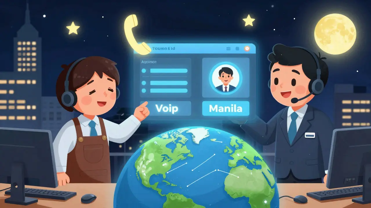 A retail agent in Chicago and another in Manila both work from their desks using the same VoIP system under a starry sky.