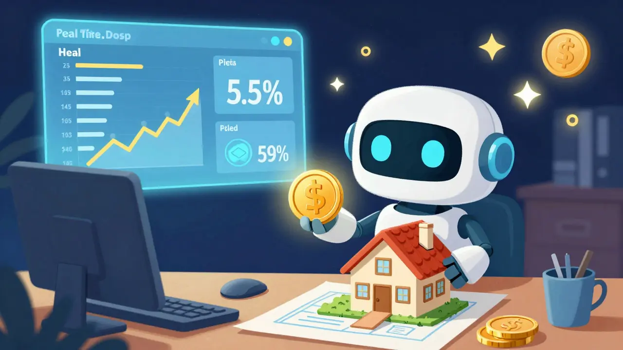 A robot programs a smart contract that releases payment only after work is shown, while a CFO watches real-time finances.