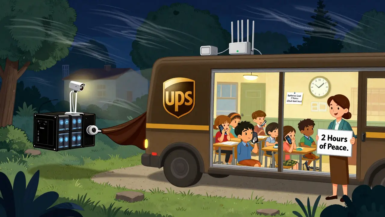 A school with a large UPS and two battery packs keeps phones and cameras running during a blackout, with children calmly using the system.