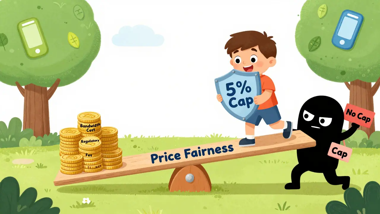 A seesaw balancing fair pricing against hidden costs, with a sneaky shadow trying to tip it.