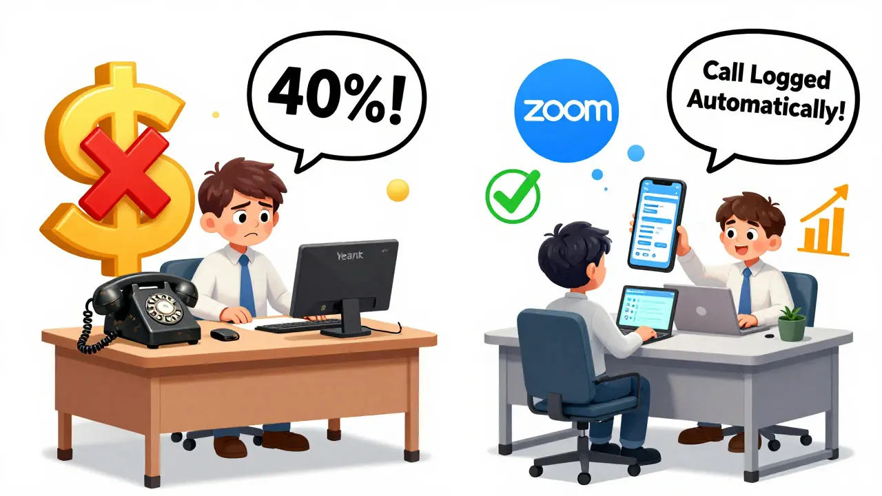 A side-by-side scene showing an old landline phone with a frowning worker versus a modern VoIP setup with happy employees and a '40% OFF!' savings chart.