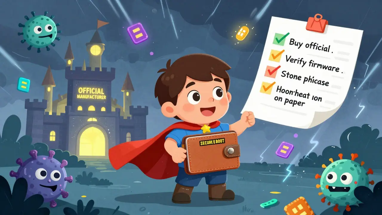 A superhero wallet defends against malware and glitching waves, with safety tips glowing like runes.