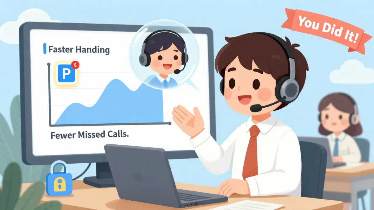 A supervisor silently coaches an agent during a call, while data charts rise like hills and a parked call glows on screen.