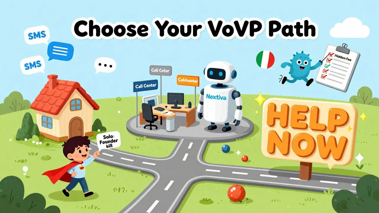 A whimsical road map shows three paths for choosing a VoIP service, with a child pointing to the simplest option.