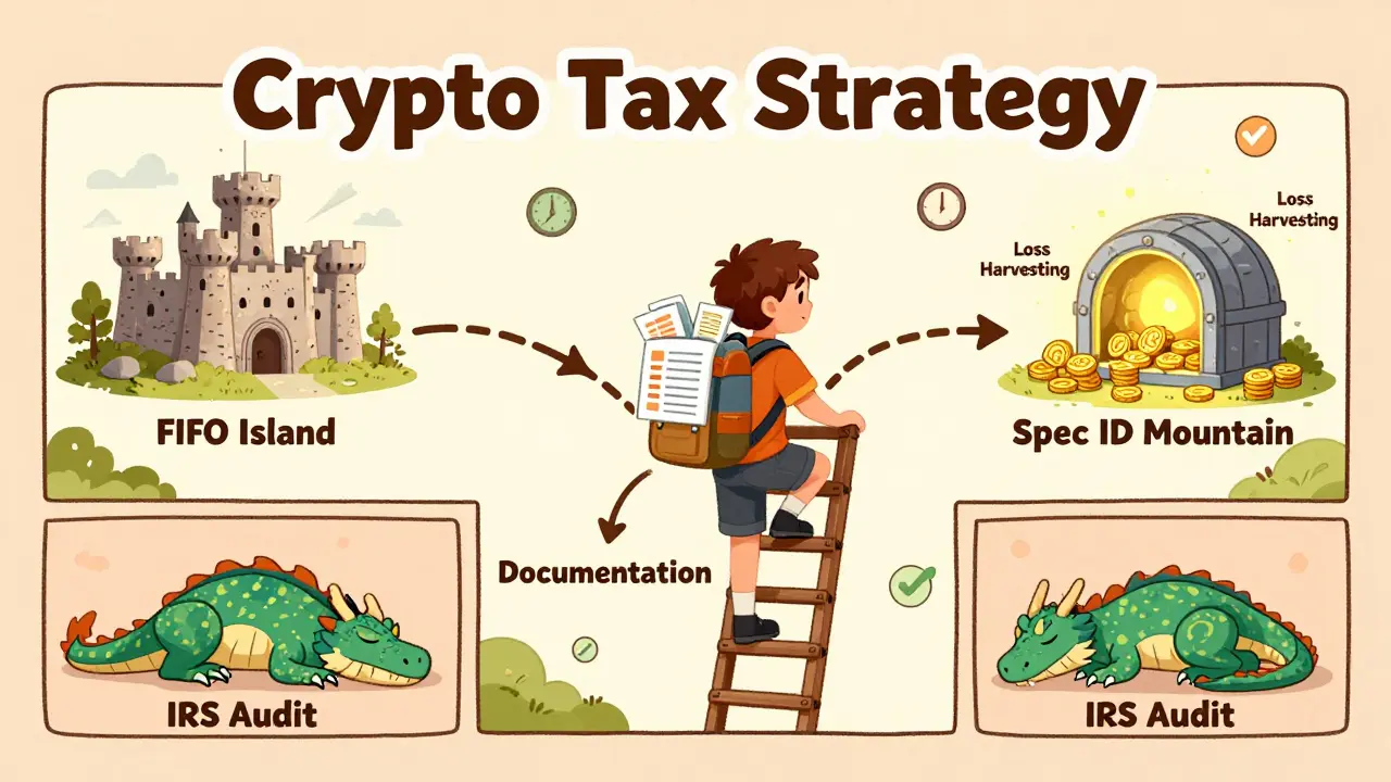 An explorer climbs a ladder labeled 'Documentation' toward a glowing vault on a treasure map, avoiding a sleeping audit dragon.