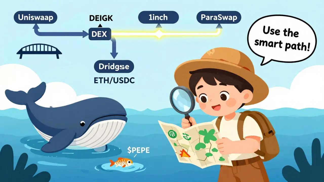 An explorer using a magnifying glass to compare deep and shallow liquidity pools, with multiple router paths glowing on a map.
