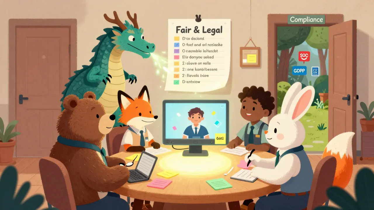 Animal coworkers add notes to a floating interview video while an AI dragon creates a summary and a 'Fair &amp; Legal' sign glows.