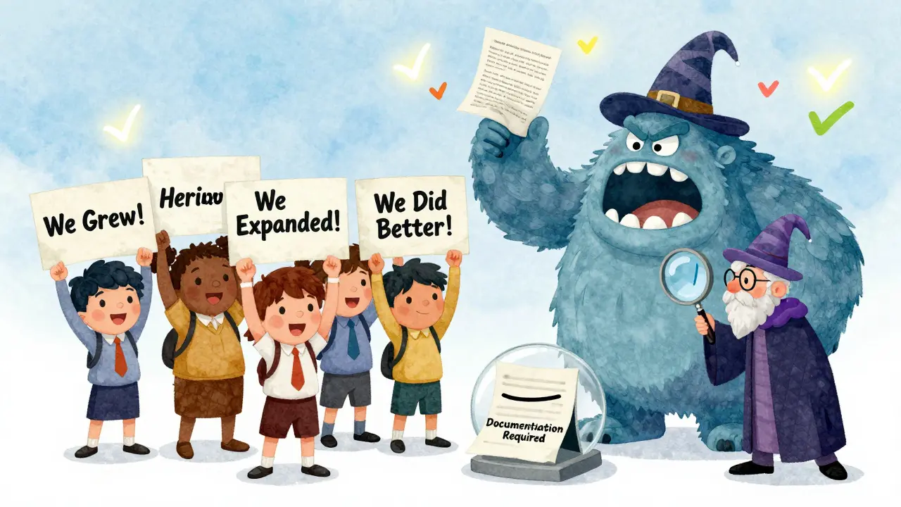 Business characters celebrate growth while a contract monster is turned into a paperweight by a wizard.