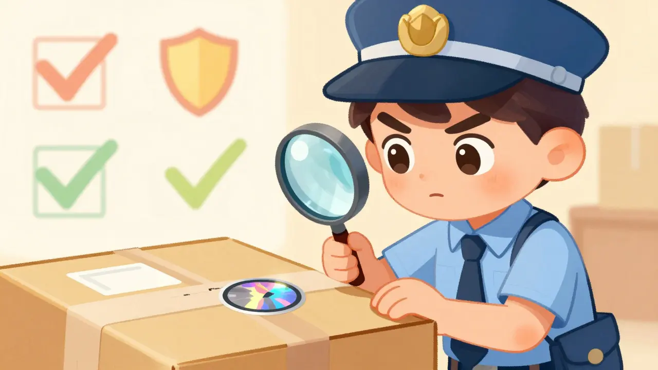 Character inspects a package seal closely with a magnifying glass.