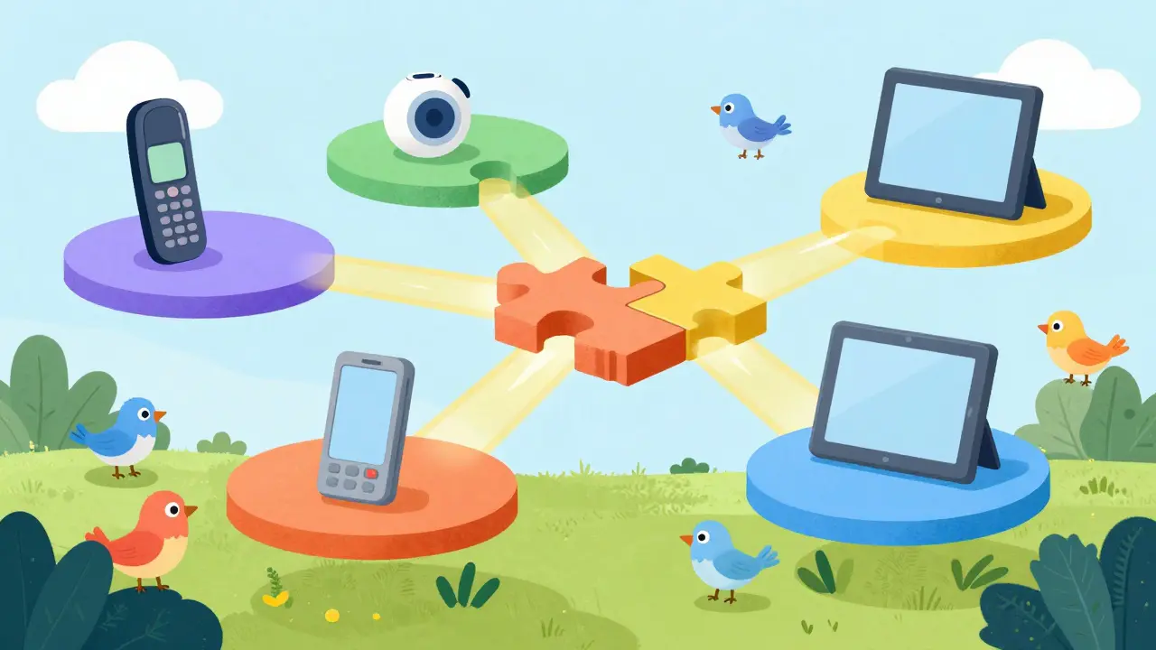 Communication devices fitting together like colorful puzzle pieces.