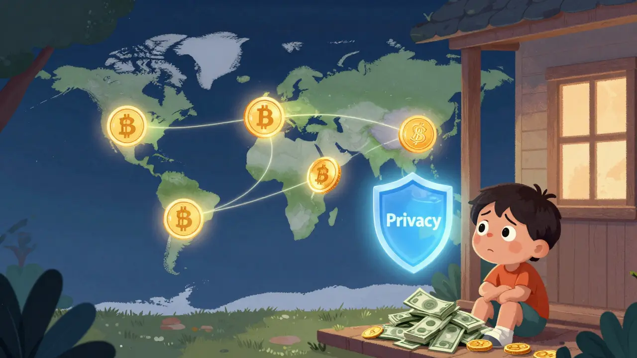 Digital currency coins travel between continents on glowing paths while a child in the U.S. watches with cash nearby.
