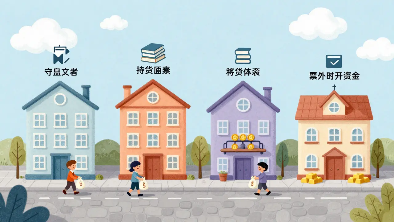 Four buildings showing diverse income sources with happy investors collecting payments