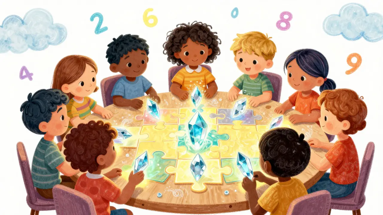 Friends exchanging glowing puzzle pieces in a colorful magical setting.