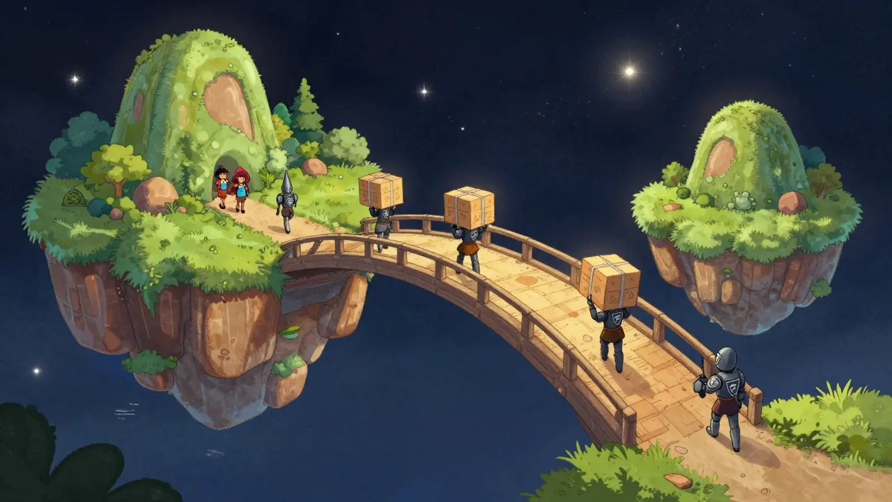 Guardians protecting a bridge between islands carrying coin-filled bags.