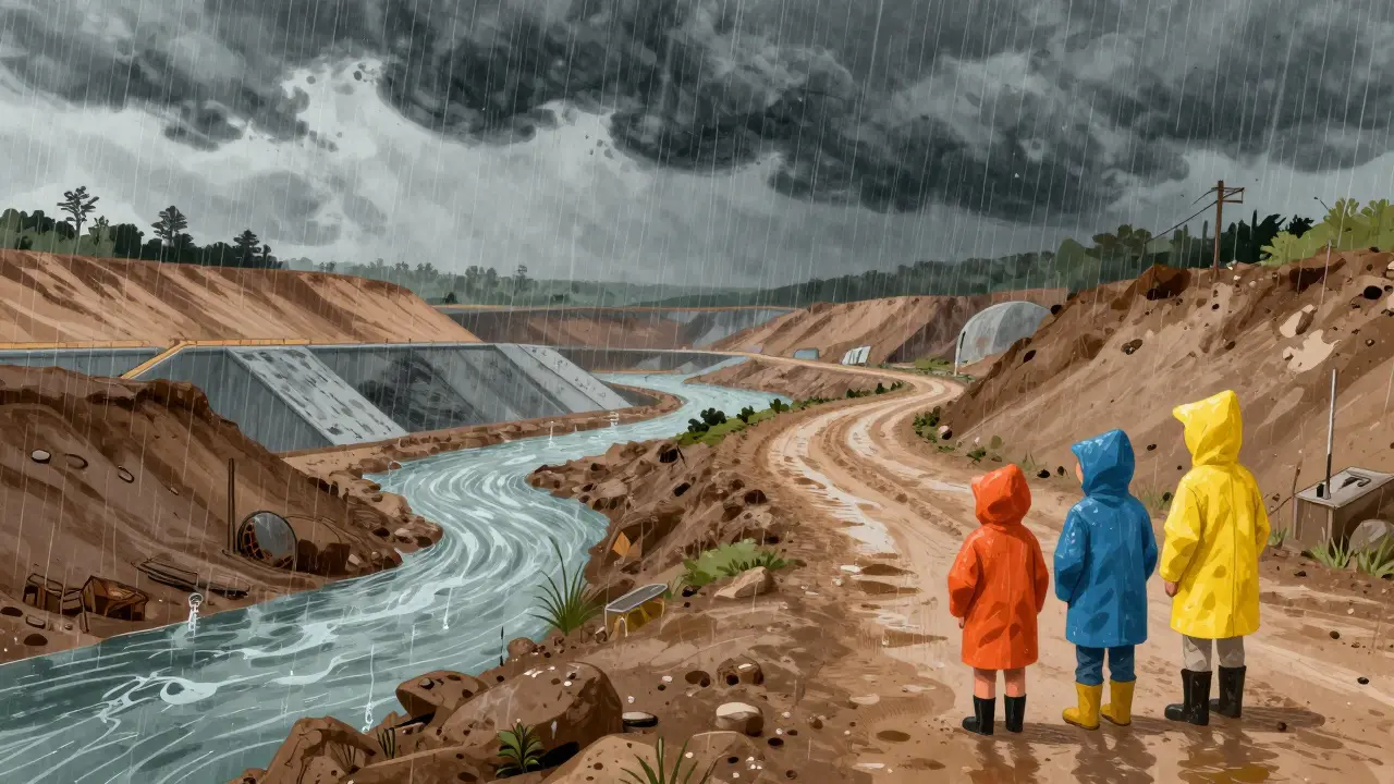 Mining facility experiencing heavy rain and potential flooding risks.