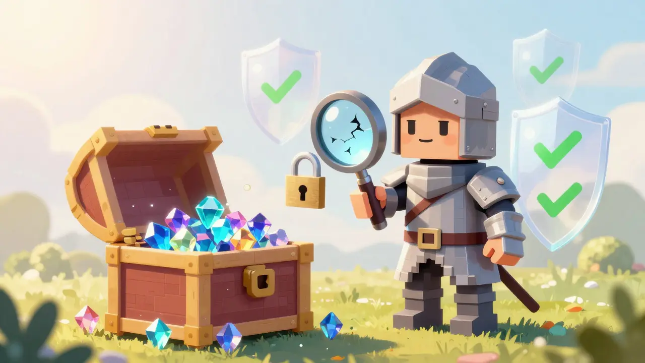 Pixelated knight guarding a treasure chest with a magnifying glass and shields.