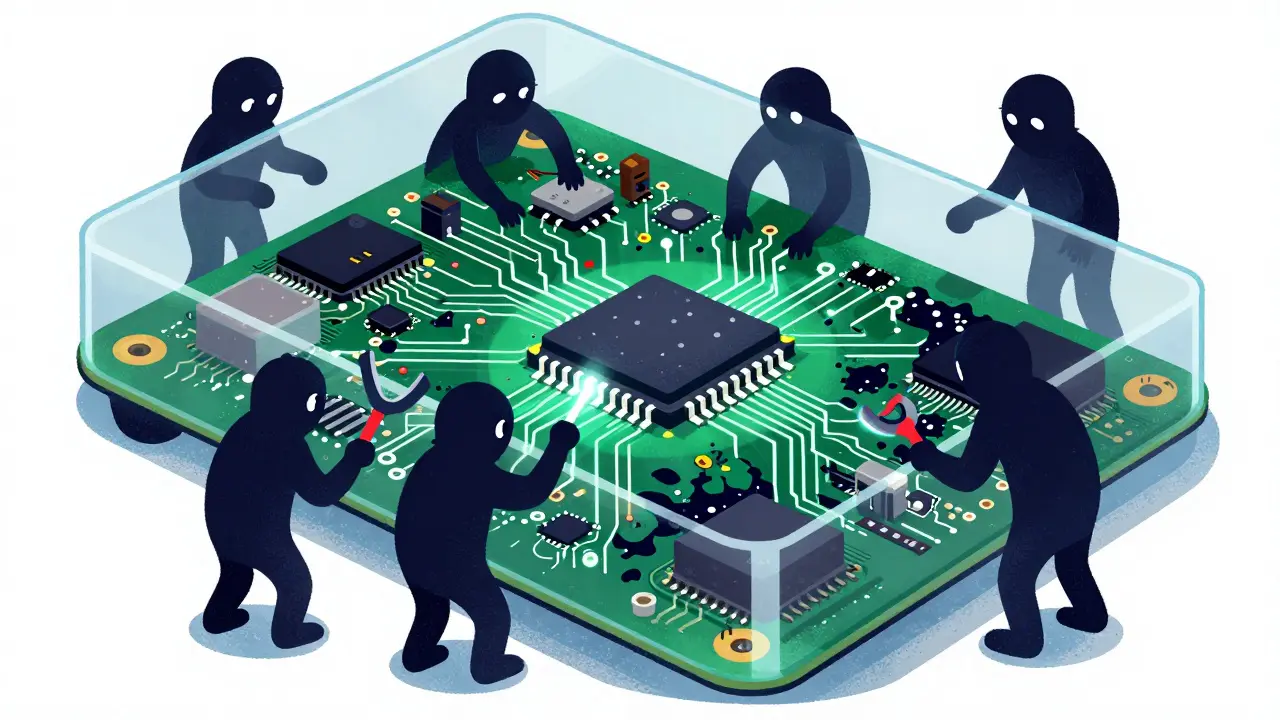 Shadow figures tamper with internal electronics of a hardware wallet.
