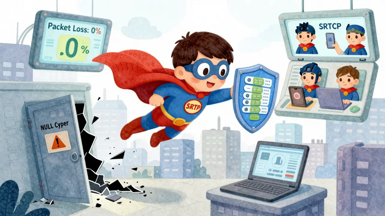 SRTP superhero protects phones with a shield of authentication tags while SRTCP guardians watch over network controls.